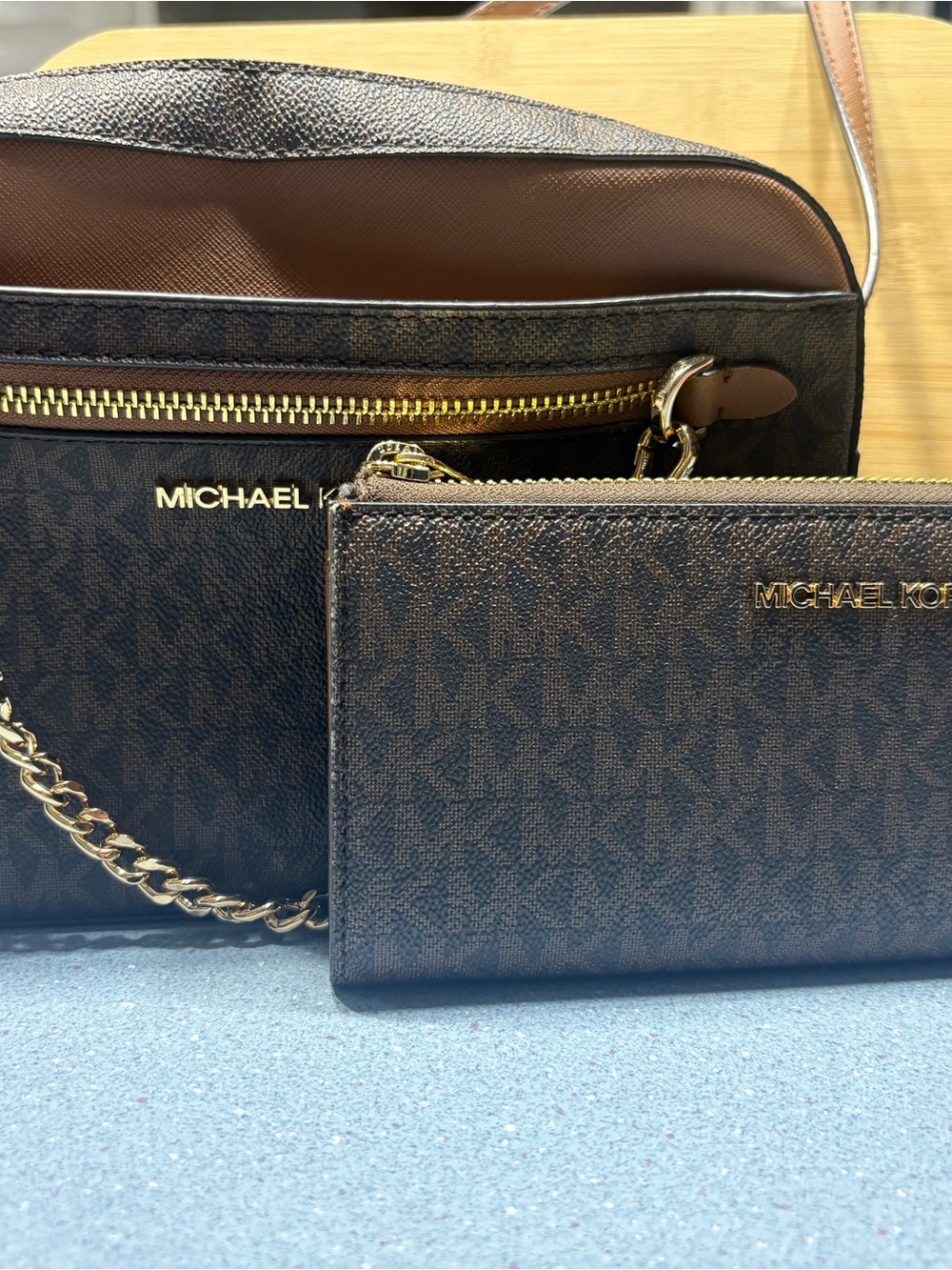Michael Kors Brown Monogram Crossbody with Gold Hardware